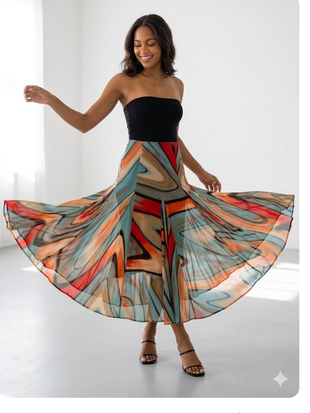 Lapis Bandeau Mixed Media Skirt w/godets Abstract Print Maxi Dress